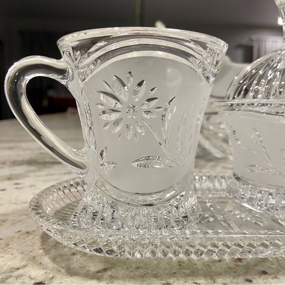 Cut Crystal Creamer and Sugar Set W Tray Lausitzer German Floral Pattern - Picture 3 of 10